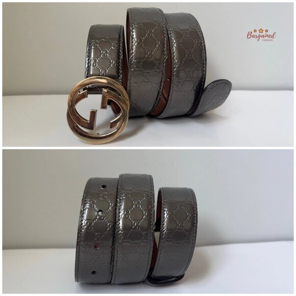 Authentic Gucci Gray Metallic Guccissima Leather Gold GG Buckle Belt 80/32 - Picture 9 of 13